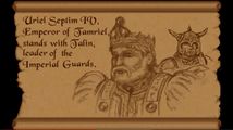 Uriel Septim VII., Kaiser von Tamriel, steht bei Talin, dem Anführer der Kaiserlichen Wachen ...